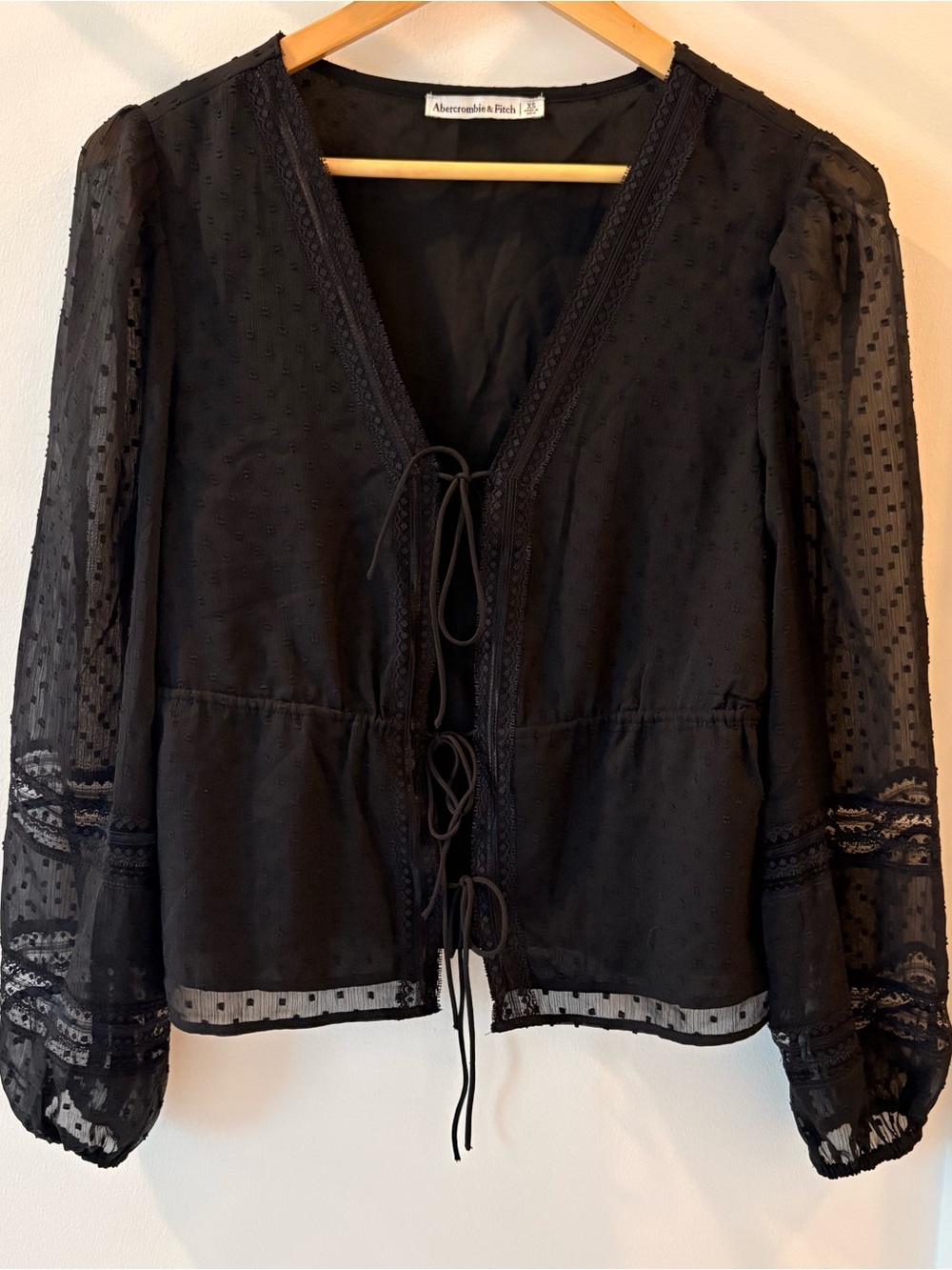 Abercrombie & Fitch Black Sheer Tie-Front Peasant Blouse